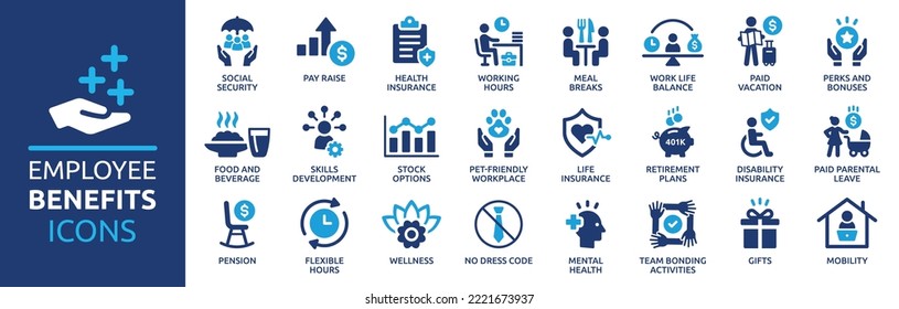 Employee benefits icon set. Containing social security, pay raise, health and life insurance, paid vacation, bonus and more icons. Solid icon collection. - Shutterstock ID 2221673937