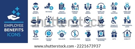 Employee benefits icon set. Containing social security, pay raise, health and life insurance, paid vacation, bonus and more icons. Solid icon collection.
