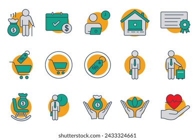 employee benefits icon set. contains icon retirement plan, flexible working, certificate, bonus, etc. flat line icon style. business element vector illustration