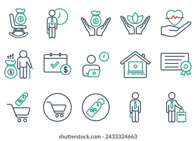 employee benefits icon set. contains icon retirement plan, flexible working, certificate, bonus, etc. line icon style. business element vector illustration