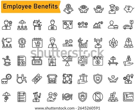 Employee benefits icon set. Contains such icons as health insurance, retirement plan, paid time off, dental coverage, vision benefits, life insurance, wellness programs and more