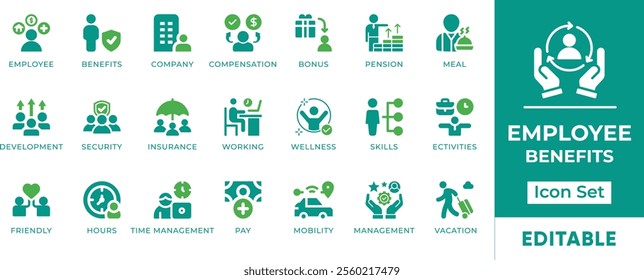 Employee Benefits Icon Set. Features editable icons for employee benefits, compensation, wellness, work-life balance, etc. Perfect for HR departments, businesses, and employee engagement initiatives.