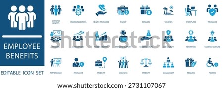 Employee Benefits Icon Set. featuring human Resources, Health Insurance, Career Growth, Teamwork, Workplace Wellness, and Corporate Management Concepts.