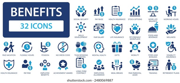 Employee benefits icon set. Health insurance, bonus, social security, maternity rest, paid.