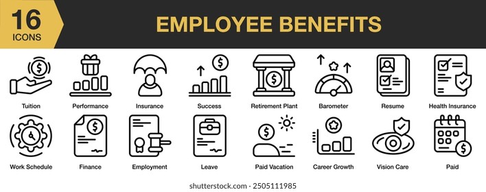 Employee Benefits icon set. Includes Health Insurance, leave, paid, performance, resume, success, and More. Outline icons vector collection