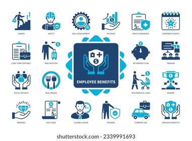 Employee Benefits icon set. Insurance, Paid Vacation, Pension, Social Security, Meal Breaks, Bonuses, Career, Sick Leave. Duotone color solid icons