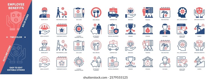 Employee Benefits icon set. Insurance, Paid Vacation, Pension, Social Security, Training, Bonuses, Career, Sick Leave. Duotone color solid and editable outline icons