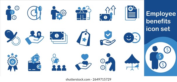 Employee benefits icon set, money, income, currency, health insurance, benefits package, retirement, welfare, offer, incentive, person, education, recruitment, benefits, job and more