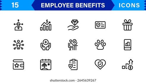 Conjunto de Ícones de Benefícios do Funcionário Representando Saúde, Aposentadoria, Licença Remunerada, Bônus e Conceitos de Equilíbrio entre Vida Útil e Profissional em um Design de Vetor Mínimo