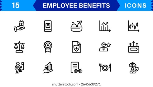 Conjunto de Ícones de Benefícios do Funcionário Representando Saúde, Aposentadoria, Licença Remunerada, Bônus e Conceitos de Equilíbrio entre Vida Útil e Profissional em um Design de Vetor Mínimo