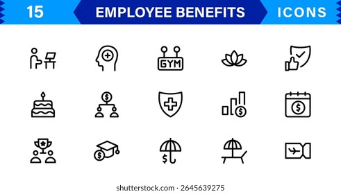 Conjunto de Ícones de Benefícios do Funcionário Representando Saúde, Aposentadoria, Licença Remunerada, Bônus e Conceitos de Equilíbrio entre Vida Útil e Profissional em um Design de Vetor Mínimo