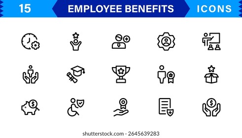 Conjunto de Ícones de Benefícios do Funcionário Representando Saúde, Aposentadoria, Licença Remunerada, Bônus e Conceitos de Equilíbrio entre Vida Útil e Profissional em um Design de Vetor Mínimo