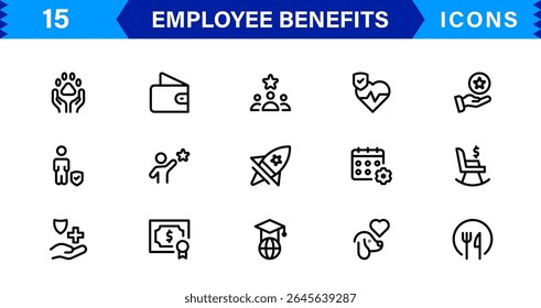 Conjunto de Ícones de Benefícios do Funcionário Representando Saúde, Aposentadoria, Licença Remunerada, Bônus e Conceitos de Equilíbrio entre Vida Útil e Profissional em um Design de Vetor Mínimo