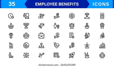 Conjunto de Ícones de Benefícios do Funcionário Representando Saúde, Aposentadoria, Licença Remunerada, Bônus e Conceitos de Equilíbrio entre Vida Útil e Profissional em um Design de Vetor Mínimo