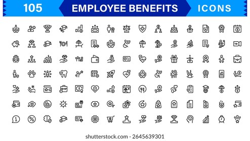 Conjunto de Ícones de Benefícios do Funcionário Representando Saúde, Aposentadoria, Licença Remunerada, Bônus e Conceitos de Equilíbrio entre Vida Útil e Profissional em um Design de Vetor Mínimo