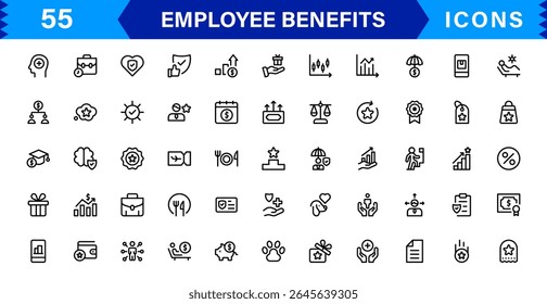 Conjunto de Ícones de Benefícios do Funcionário Representando Saúde, Aposentadoria, Licença Remunerada, Bônus e Conceitos de Equilíbrio entre Vida Útil e Profissional em um Design de Vetor Mínimo