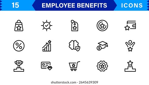 Conjunto de Ícones de Benefícios do Funcionário Representando Saúde, Aposentadoria, Licença Remunerada, Bônus e Conceitos de Equilíbrio entre Vida Útil e Profissional em um Design de Vetor Mínimo