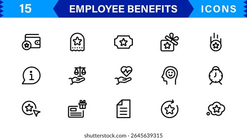 Conjunto de Ícones de Benefícios do Funcionário Representando Saúde, Aposentadoria, Licença Remunerada, Bônus e Conceitos de Equilíbrio entre Vida Útil e Profissional em um Design de Vetor Mínimo