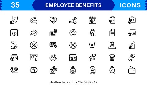 Conjunto de Ícones de Benefícios do Funcionário Representando Saúde, Aposentadoria, Licença Remunerada, Bônus e Conceitos de Equilíbrio entre Vida Útil e Profissional em um Design de Vetor Mínimo