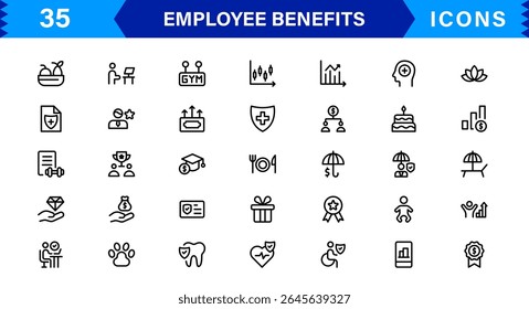 Conjunto de Ícones de Benefícios do Funcionário Representando Saúde, Aposentadoria, Licença Remunerada, Bônus e Conceitos de Equilíbrio entre Vida Útil e Profissional em um Design de Vetor Mínimo