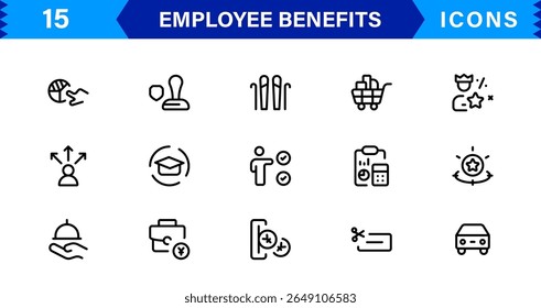 Conjunto de Ícones de Benefícios do Funcionário Representando Saúde, Aposentadoria, Licença Remunerada, Bônus e Conceitos de Equilíbrio entre Vida Útil e Profissional em um Design de Vetor Mínimo