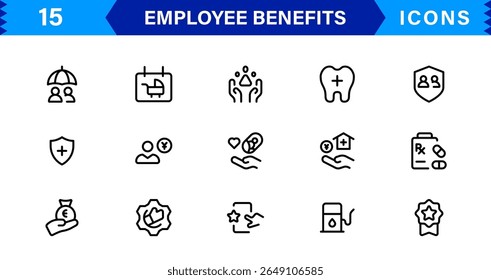 Conjunto de Ícones de Benefícios do Funcionário Representando Saúde, Aposentadoria, Licença Remunerada, Bônus e Conceitos de Equilíbrio entre Vida Útil e Profissional em um Design de Vetor Mínimo