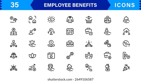 Conjunto de Ícones de Benefícios do Funcionário Representando Saúde, Aposentadoria, Licença Remunerada, Bônus e Conceitos de Equilíbrio entre Vida Útil e Profissional em um Design de Vetor Mínimo