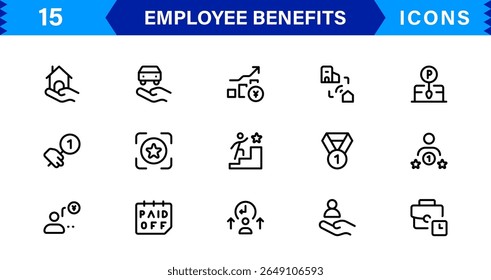 Conjunto de Ícones de Benefícios do Funcionário Representando Saúde, Aposentadoria, Licença Remunerada, Bônus e Conceitos de Equilíbrio entre Vida Útil e Profissional em um Design de Vetor Mínimo