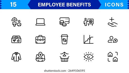 Conjunto de Ícones de Benefícios do Funcionário Representando Saúde, Aposentadoria, Licença Remunerada, Bônus e Conceitos de Equilíbrio entre Vida Útil e Profissional em um Design de Vetor Mínimo