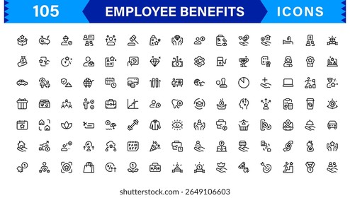 Conjunto de Ícones de Benefícios do Funcionário Representando Saúde, Aposentadoria, Licença Remunerada, Bônus e Conceitos de Equilíbrio entre Vida Útil e Profissional em um Design de Vetor Mínimo