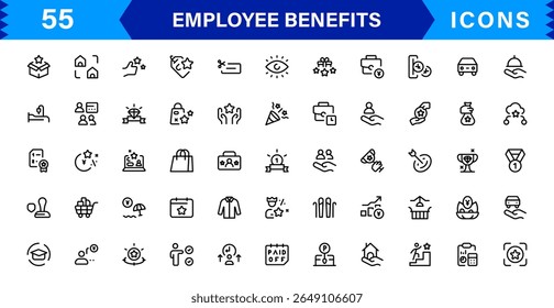 Conjunto de Ícones de Benefícios do Funcionário Representando Saúde, Aposentadoria, Licença Remunerada, Bônus e Conceitos de Equilíbrio entre Vida Útil e Profissional em um Design de Vetor Mínimo