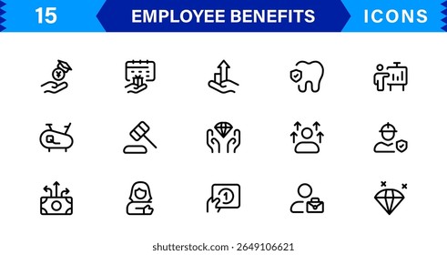 Conjunto de Ícones de Benefícios do Funcionário Representando Saúde, Aposentadoria, Licença Remunerada, Bônus e Conceitos de Equilíbrio entre Vida Útil e Profissional em um Design de Vetor Mínimo