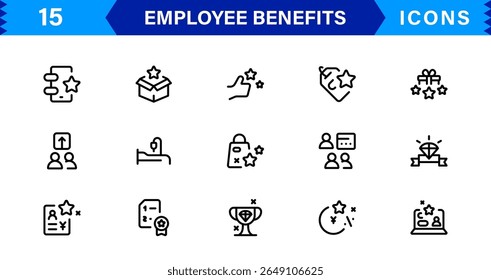 Conjunto de Ícones de Benefícios do Funcionário Representando Saúde, Aposentadoria, Licença Remunerada, Bônus e Conceitos de Equilíbrio entre Vida Útil e Profissional em um Design de Vetor Mínimo