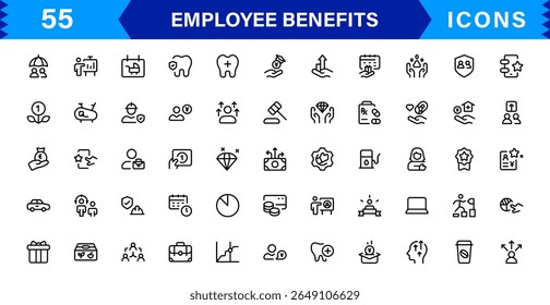Employee Benefits Icon Set Representing Health, Retirement, Paid Leave, Bonuses, and Work-Life Balance Concepts in a Professional, Minimal Vector Design