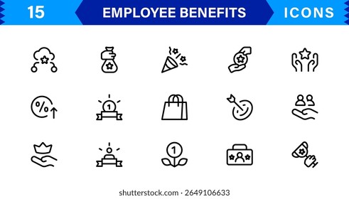 Conjunto de Ícones de Benefícios do Funcionário Representando Saúde, Aposentadoria, Licença Remunerada, Bônus e Conceitos de Equilíbrio entre Vida Útil e Profissional em um Design de Vetor Mínimo