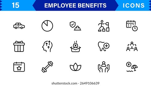 Conjunto de Ícones de Benefícios do Funcionário Representando Saúde, Aposentadoria, Licença Remunerada, Bônus e Conceitos de Equilíbrio entre Vida Útil e Profissional em um Design de Vetor Mínimo