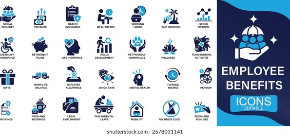 Employee benefits icon set social security, pay raise, health and life insurance, paid vacation, bonus You can easily change the color