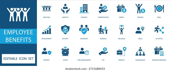 Conjunto de ícones de benefícios do funcionário. Ícones planos vetoriais para compensação, seguro, bem-estar e desenvolvimento de carreira corporativa em estilo azul profissional