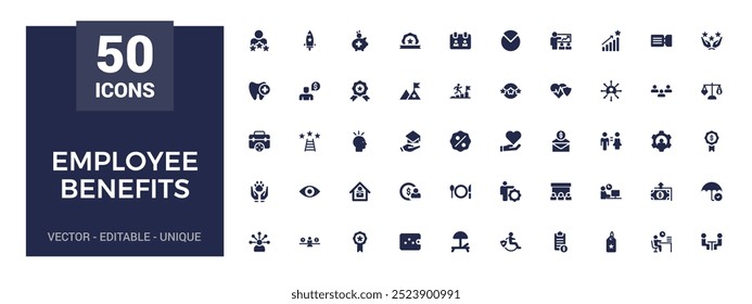 Colección de iconos de beneficios para empleados. Relacionado con la seguridad social, bono, icono de glifo para Web y ui. Paquete de iconos rellenos, conjunto de iconos sólidos. Ilustración vectorial.