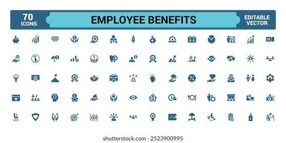 Coleção de ícones de benefícios do funcionário. Relacionado à segurança social, bônus, ícone de glifo para web e ui. Pacote de ícones preenchidos, Conjunto de ícones sólidos. Ilustração vetorial.