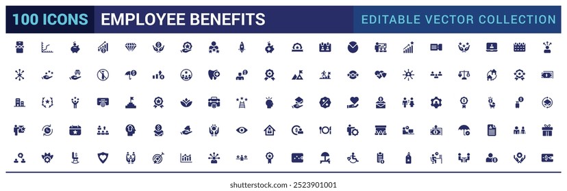 Coleção de ícones de benefícios do funcionário. Relacionado à segurança social, bônus, ícone de glifo para web e ui. Pacote de ícones preenchidos, Conjunto de ícones sólidos. Ilustração vetorial.