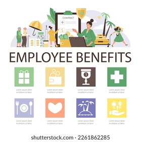 Employee benefits infographic banner or placard design, flat vector illustration. Health care insurance and social payments guaranteed for company employees.