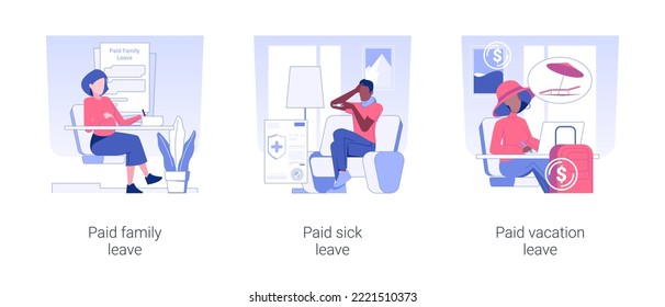 Employee benefits isolated concept vector illustration set. Paid family leave, sick leave, annual vacation benefits, pregnant woman applies for maternity compensation vector cartoon.