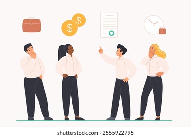 Employee benefits, job motivation, bonuses and compensation for company staff. Tiny people and package of advantages, salary and perks, insurance policy, flexible schedule cartoon vector illustration