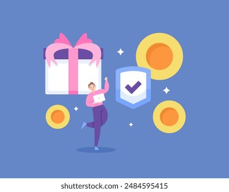 employee benefits and job protection concept. get prizes, salaries, commissions, bonuses and insurance. illustration of workers with gifts, coins and shields. flat style design. graphic elements