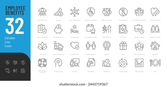 Employee Benefits Line Editable Icons set. Vector illustration in modern thin line style of business related icons: bonuses, paid leave, maternity leave, pension, and more. Pictograms and infographics