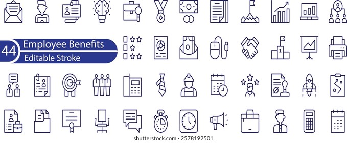 Employee Benefits Line Editable Icons set. Vector illustration in modern thin line style of business related icons , bonuses, paid leave, maternity leave, pension, and more.