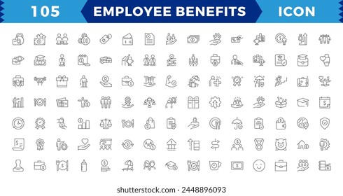 EMPLOYEE BENEFITS LINE ICON SET, Pay raise, maternity rest, health and life insurance, paid vacation, social security icons and more signs. Flat icon collection.
