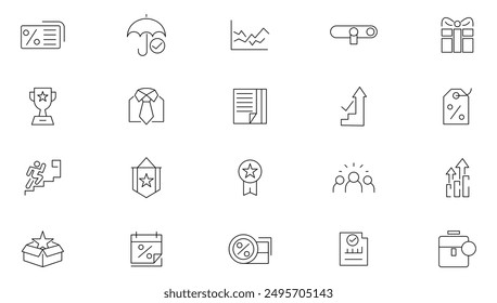 Employee benefits line icon set. Personal growth, success, education, paid leave, maternity leave, pension, ranking star, bonus, social security, maternity rest Outline icon collection