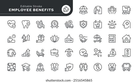 Symbolsatz für die Position "Leistungen für Mitarbeiter" Mutterschaftsurlaub, bezahlter Urlaub, Verpflegung, Versicherung, Beförderung, Boni, Kündigungsschutz und mehr. Gliederungssymbol im linearen Stil. Vektorsammlung.	

